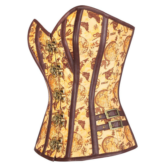 Filips Steampunk Vintage Globe Print Overbust Corset