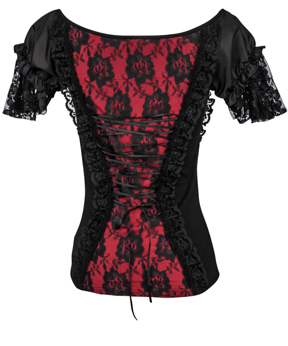 Agnija Red Gothic Broad Neck Lace Overlay Top