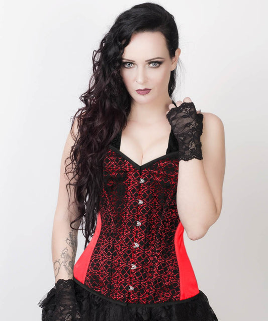 Caesar Lace Overlay Red Corset with Halter Strap