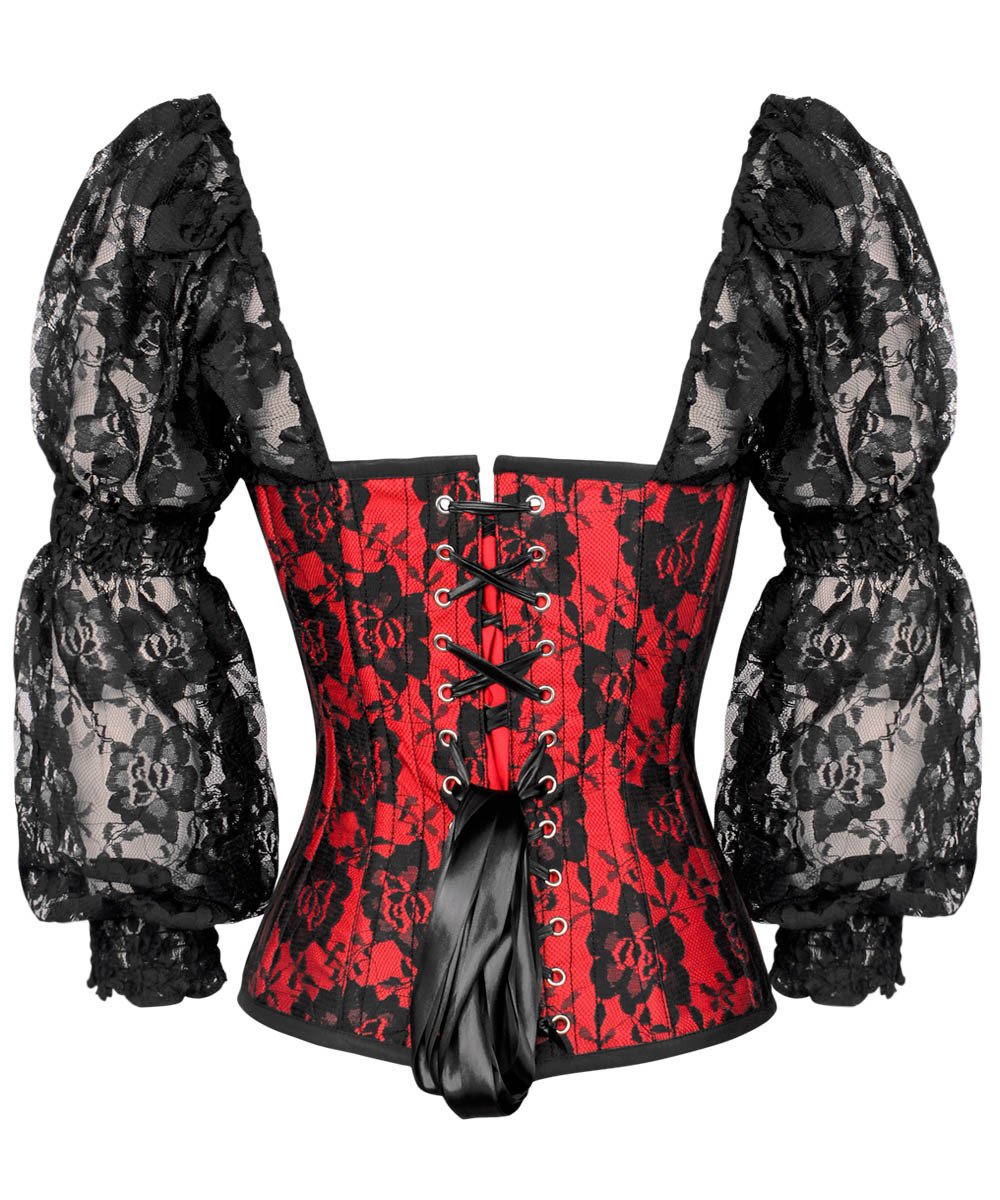 Lempi Lace Overlay Maroon Overbust Corset with Attached Sleeve
