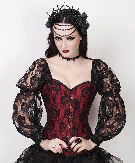 Lempi Lace Overlay Maroon Overbust Corset with Attached Sleeve