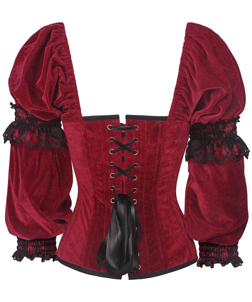 Calvagh Gothic Overbust Maroon Corset with Attached Sleeve