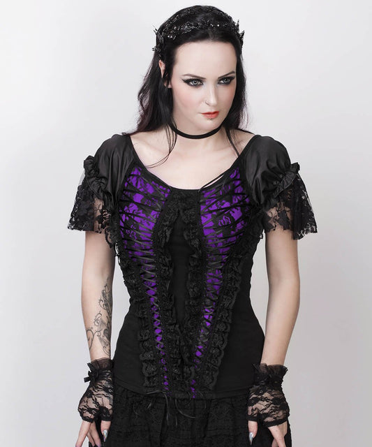 Fillin Purple Gothic Broad Neck Lace Overlay Top