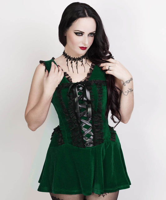 Romane Halter Burlesque Dress in Green Velvet