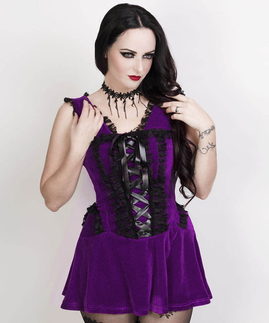 Camelia Halter Burlesque Dress in Purple Velvet