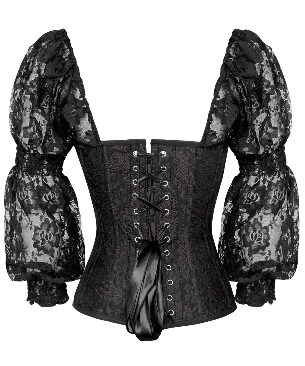 Faddei Lace Overlay Black Overbust Corset with Attached Sleeve