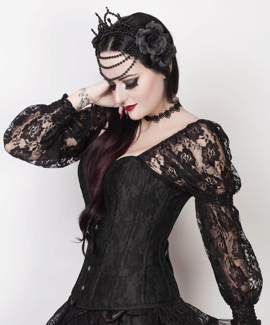 Faddei Lace Overlay Black Overbust Corset with Attached Sleeve