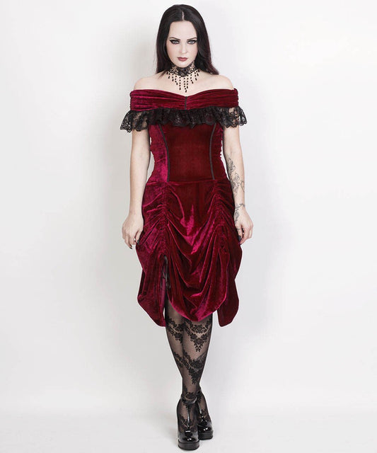 Agmundr Burlesque Maroon Velvet Off Shoulder Dress