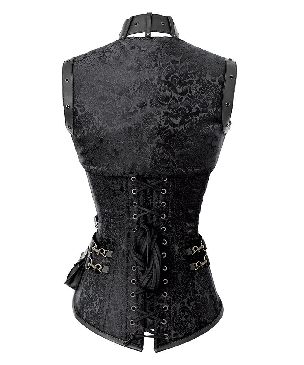 Renata Black Brocade Steampunk Corset with Shrug