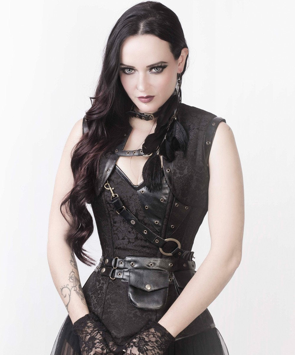 Renata Black Brocade Steampunk Corset with Shrug