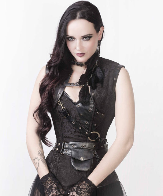 Renata Black Brocade Steampunk Corset with Shrug