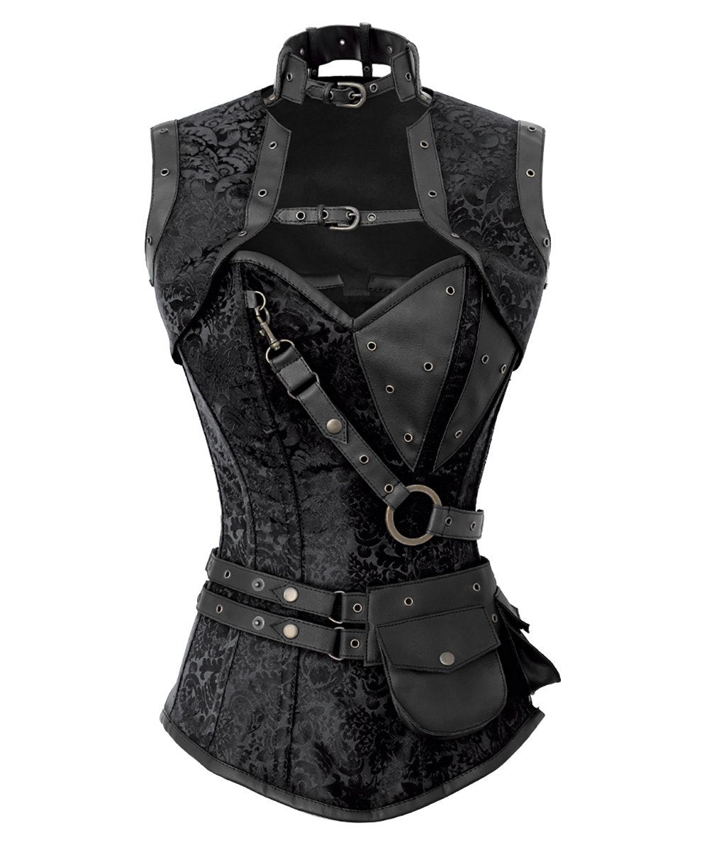 Renata Black Brocade Steampunk Corset with Shrug