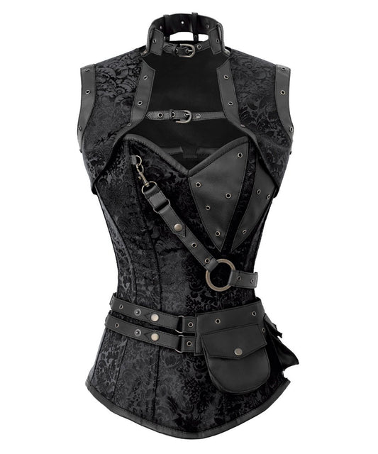Renata Black Brocade Steampunk Corset with Shrug
