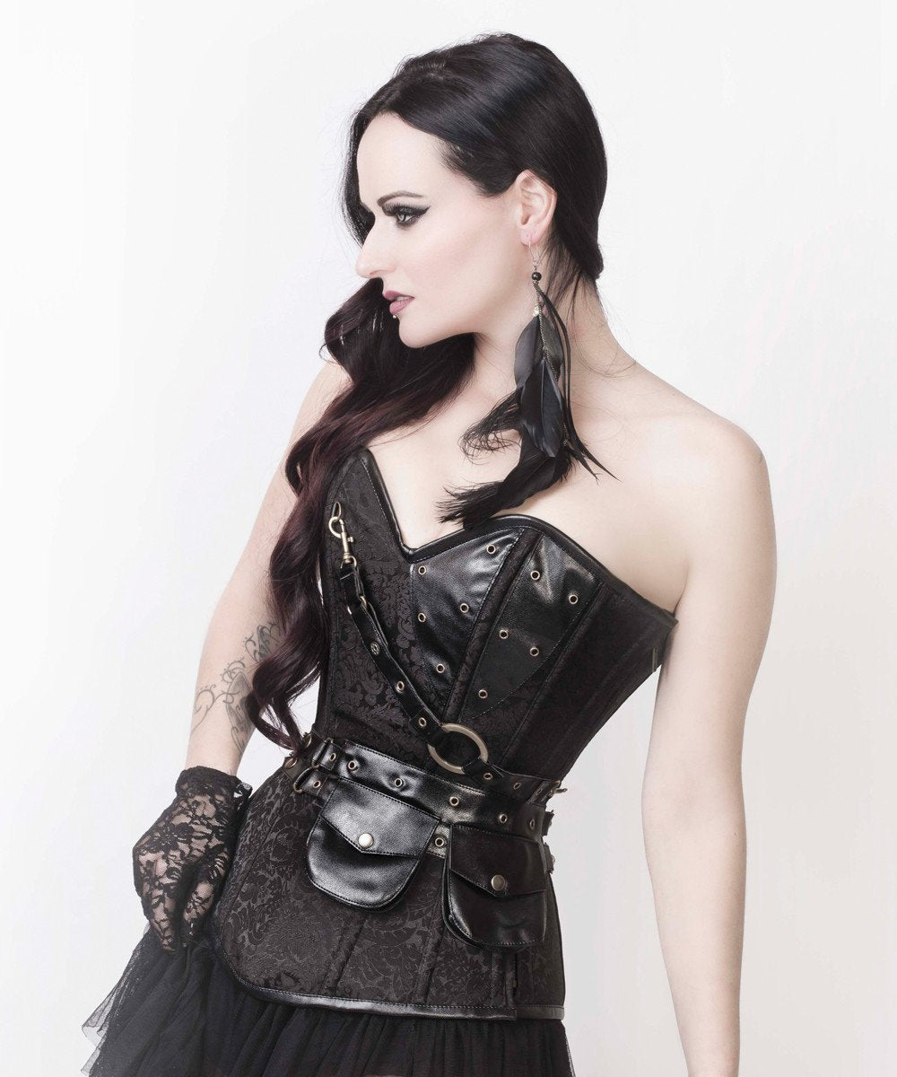 Renata Black Brocade Steampunk Corset with Shrug