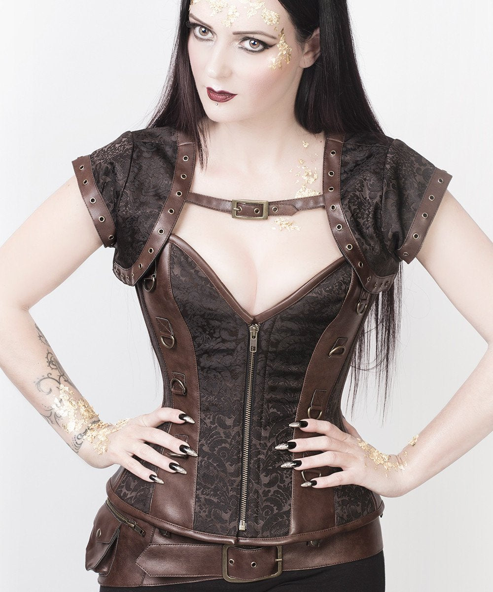 Iris Overbust Brown Steampunk Corset with Detachable Belt