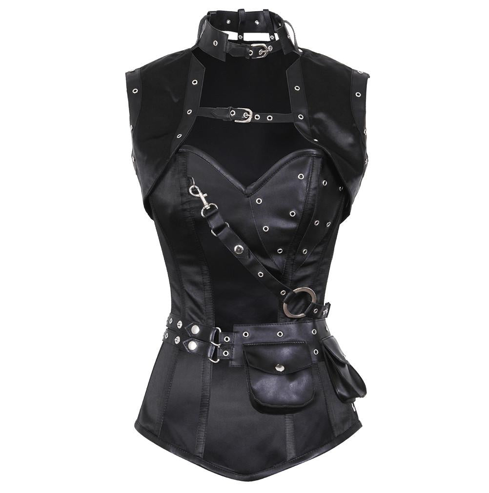 Shakirain Steampunk Overbust Black Corset with Detachable Belt