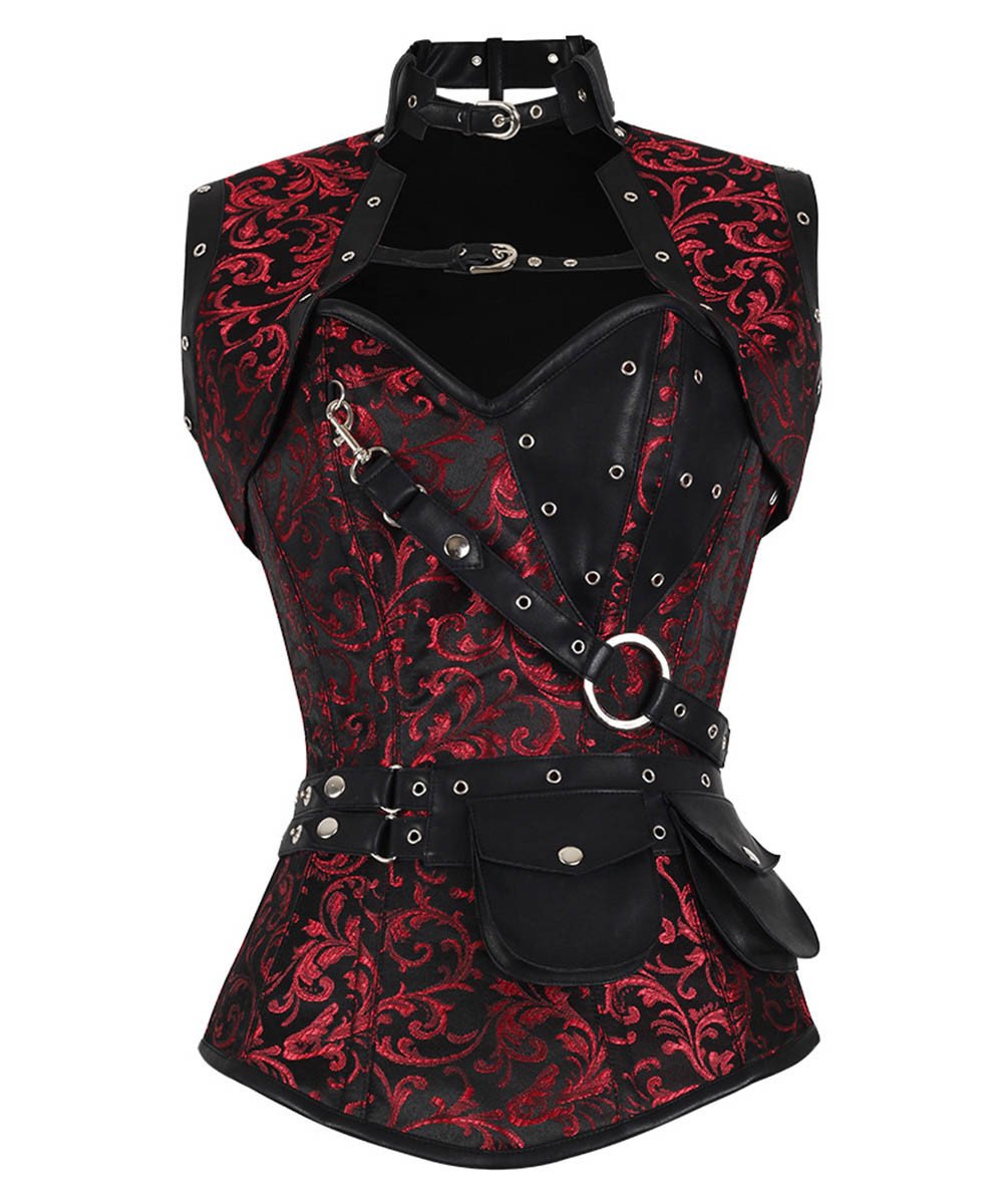 Pierce Maroon Brocade Steampunk Overbust Corset