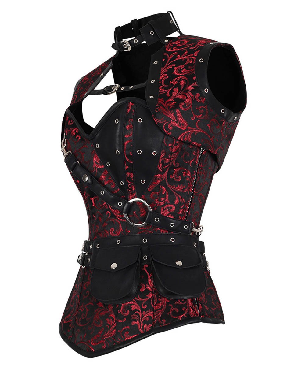 Pierce Maroon Brocade Steampunk Overbust Corset