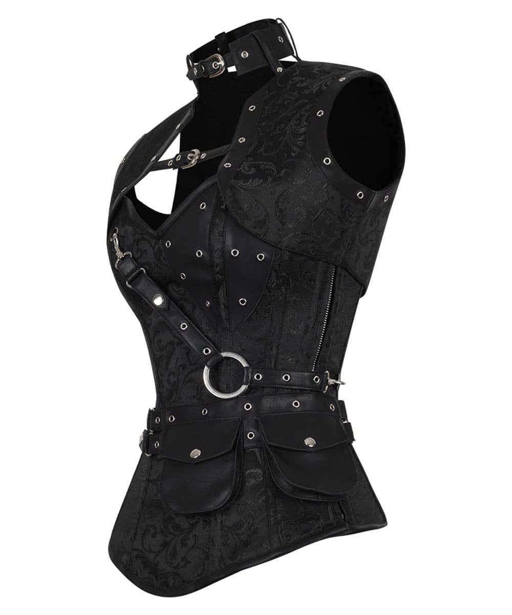 Aiolos Black Brocade Steampunk Overbust Corset