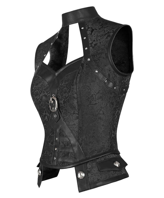Darrellyn Steampunk Black Corset Top with Halter Neck