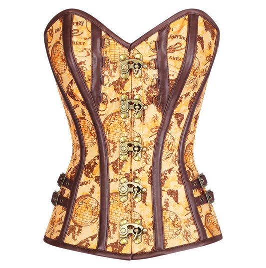 Filips Steampunk Vintage Globe Print Overbust Corset