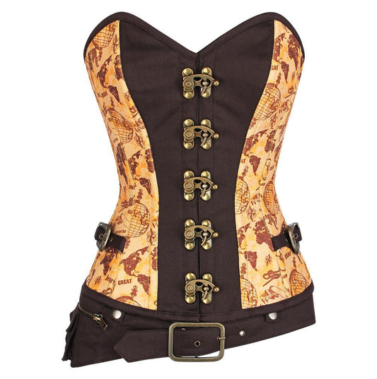 Nellie Steampunk Overbust Vintage Globe Print Corset