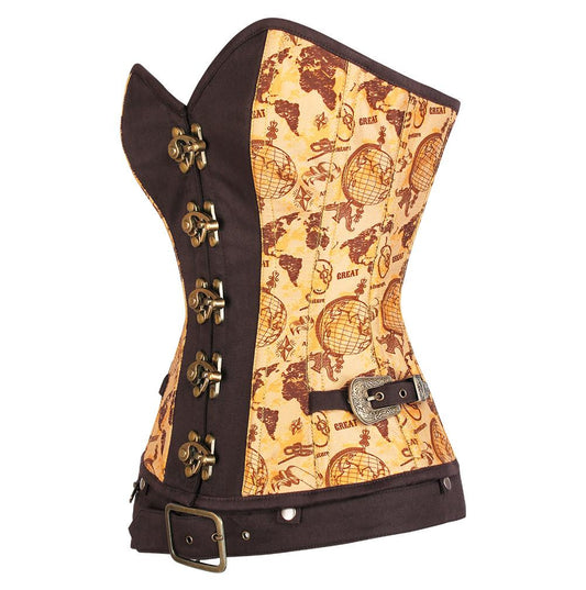 Nellie Steampunk Overbust Vintage Globe Print Corset