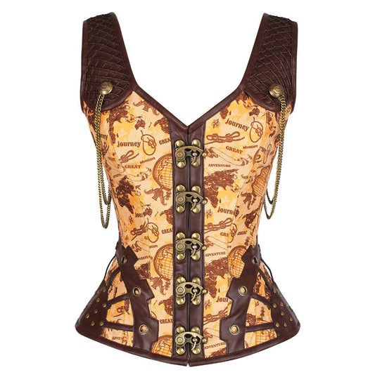Dabi Overbust Steampunk Vintage Globe Print Corset