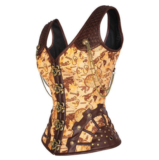 Dabi Overbust Steampunk Vintage Globe Print Corset