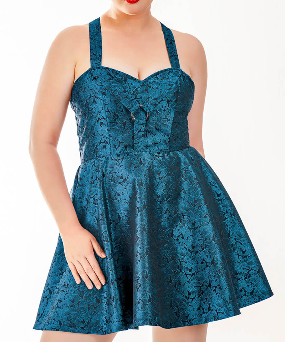 Malloy Skater Halter Neck Dress in Brocade