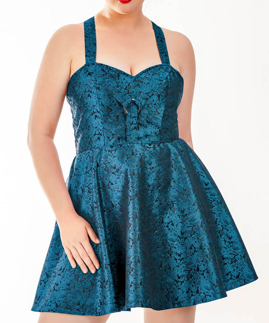 Malloy Skater Halter Neck Dress in Brocade
