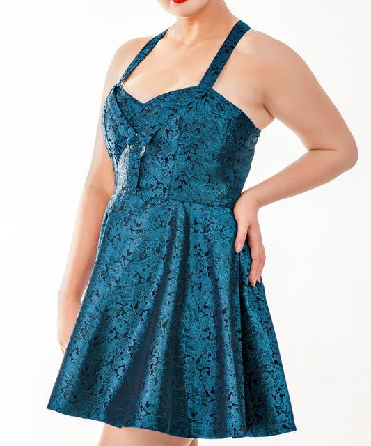 Malloy Skater Halter Neck Dress in Brocade