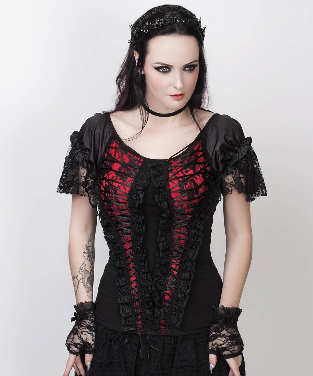 Agnija Red Gothic Broad Neck Lace Overlay Top