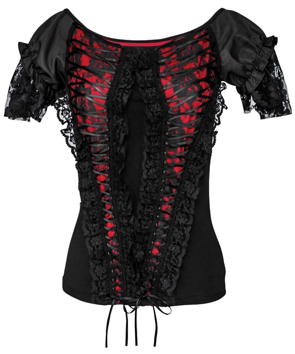 Agnija Red Gothic Broad Neck Lace Overlay Top