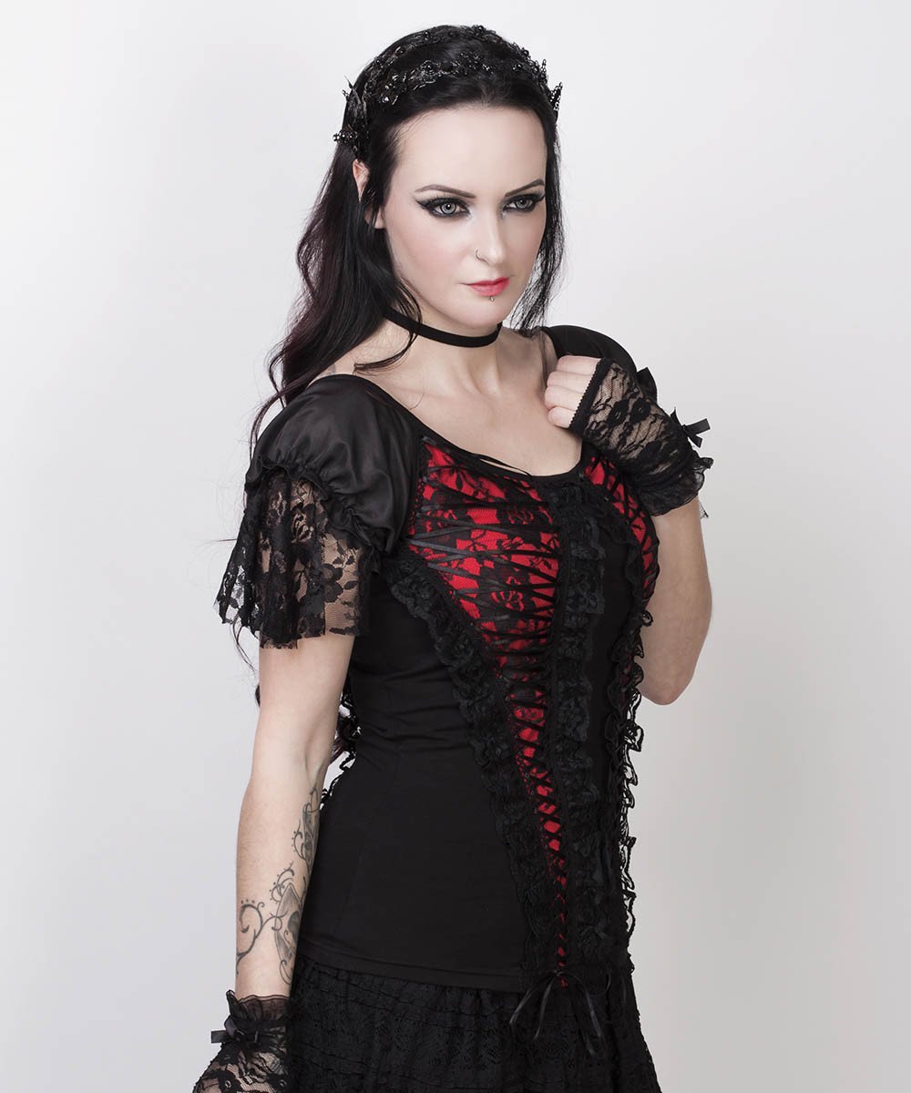 Agnija Red Gothic Broad Neck Lace Overlay Top