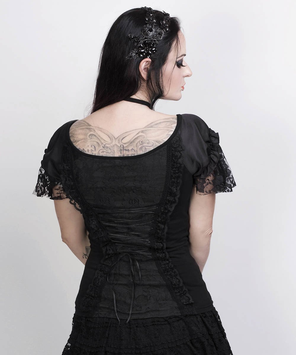 Calogera Black Gothic Broad Neck Lace Overlay Top