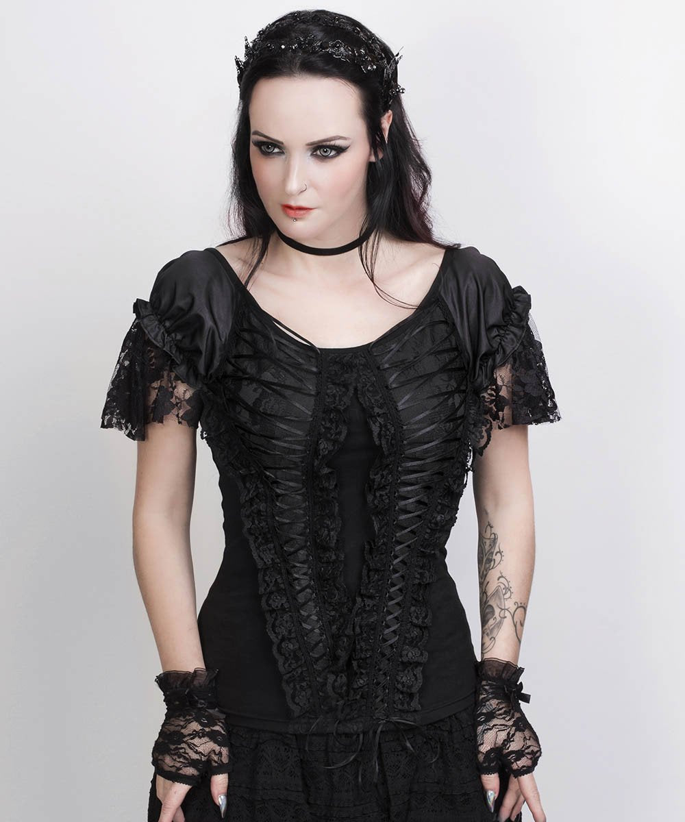 Calogera Black Gothic Broad Neck Lace Overlay Top