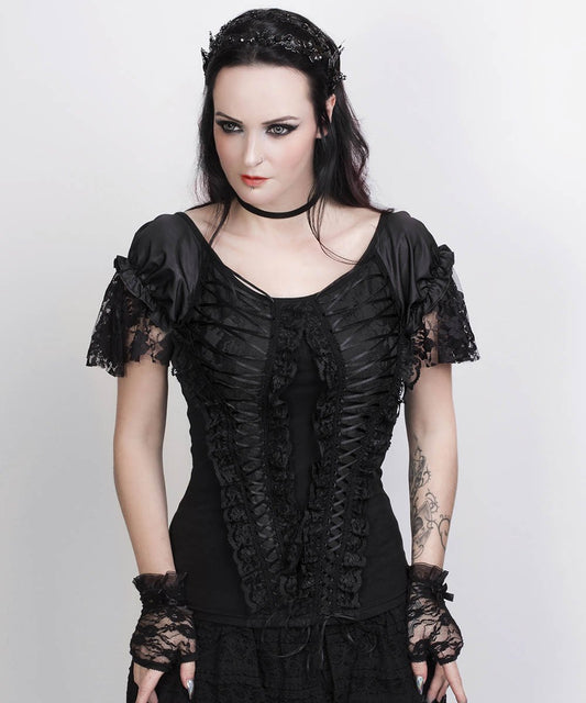 Calogera Black Gothic Broad Neck Lace Overlay Top