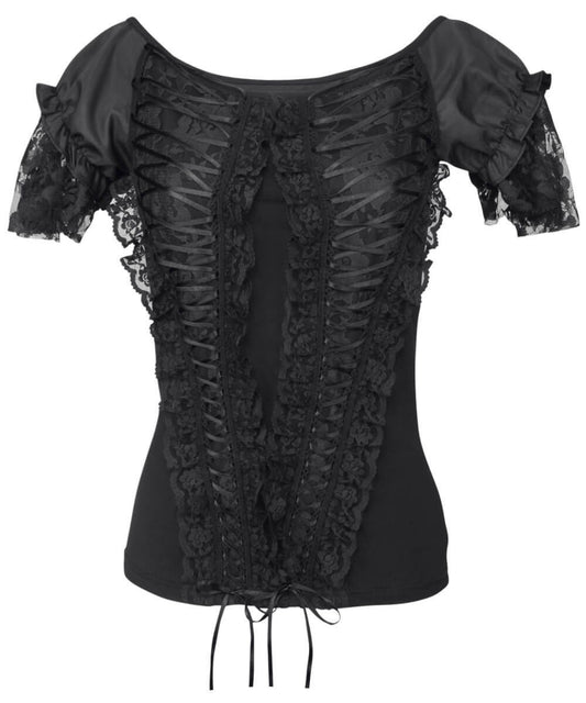 Calogera Black Gothic Broad Neck Lace Overlay Top