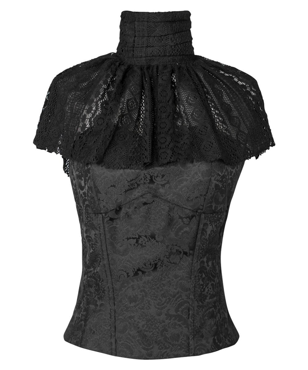 Faddei Black Victorian High Neck Collar Top with Lace