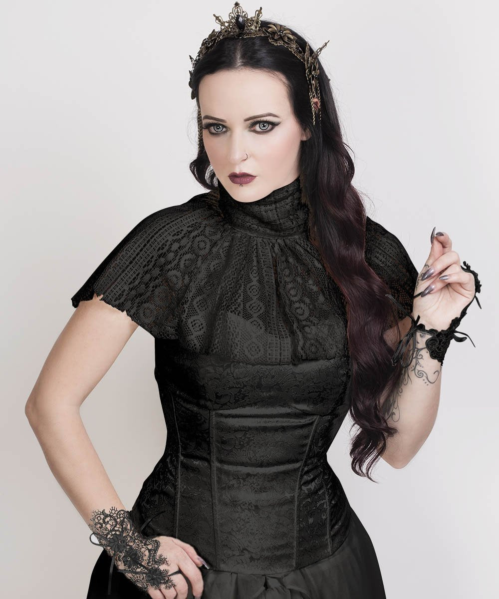 Faddei Black Victorian High Neck Collar Top with Lace