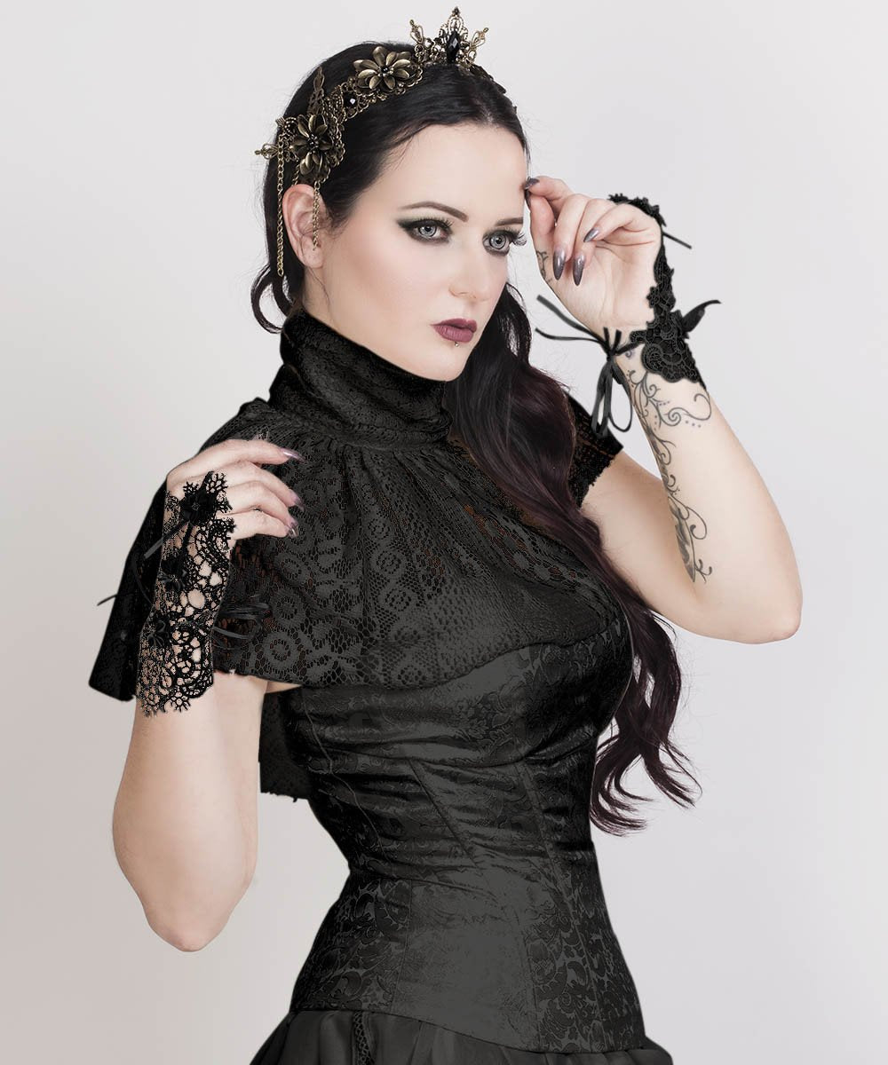 Faddei Black Victorian High Neck Collar Top with Lace