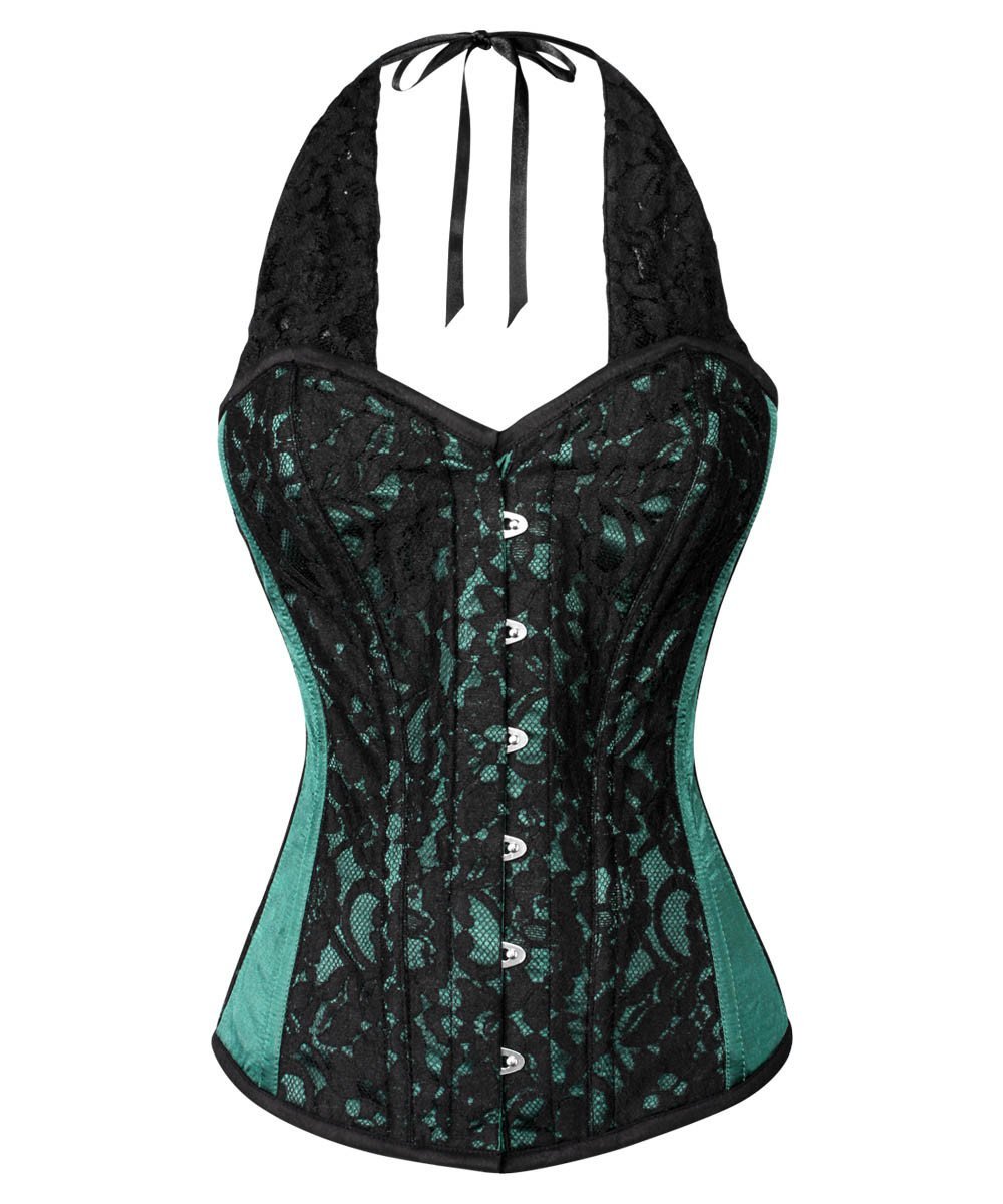 Agape Lace Overlay Green Corset with Halter Strap
