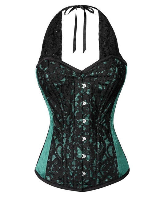 Agape Lace Overlay Green Corset with Halter Strap