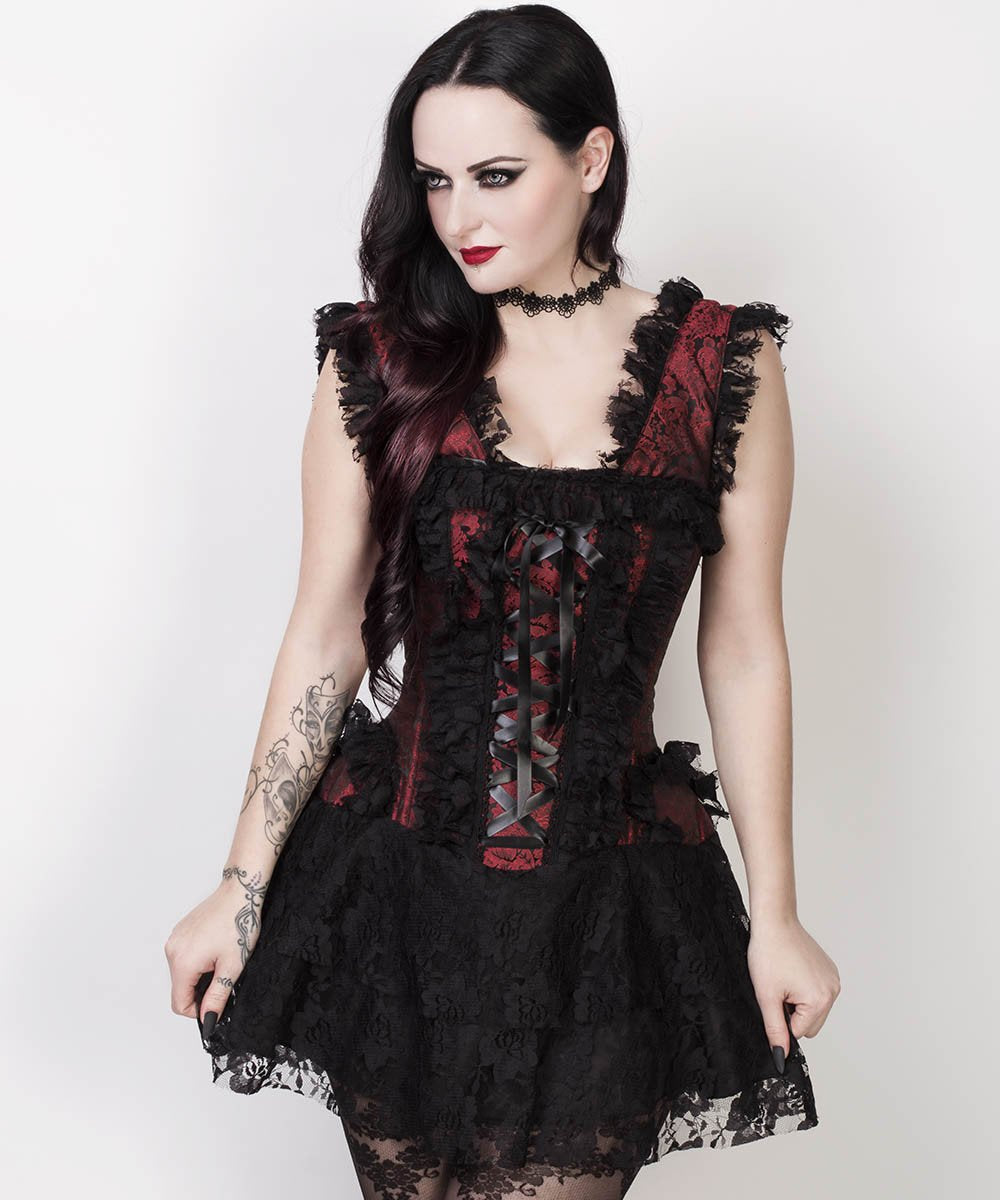 Lani Halter Burlesque Corset Dress in Maroon Brocade