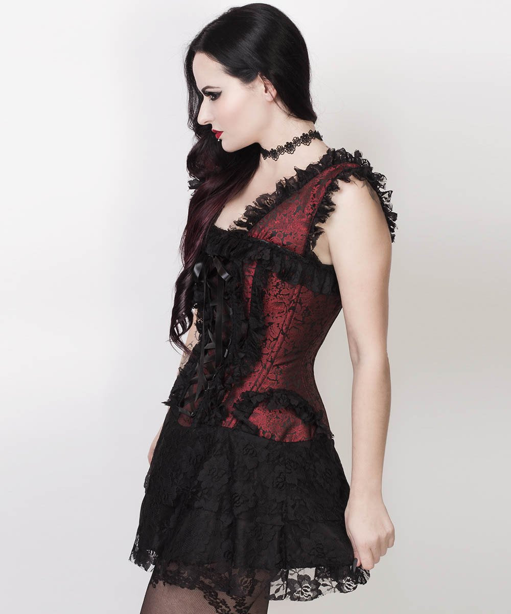 Lani Halter Burlesque Corset Dress in Maroon Brocade
