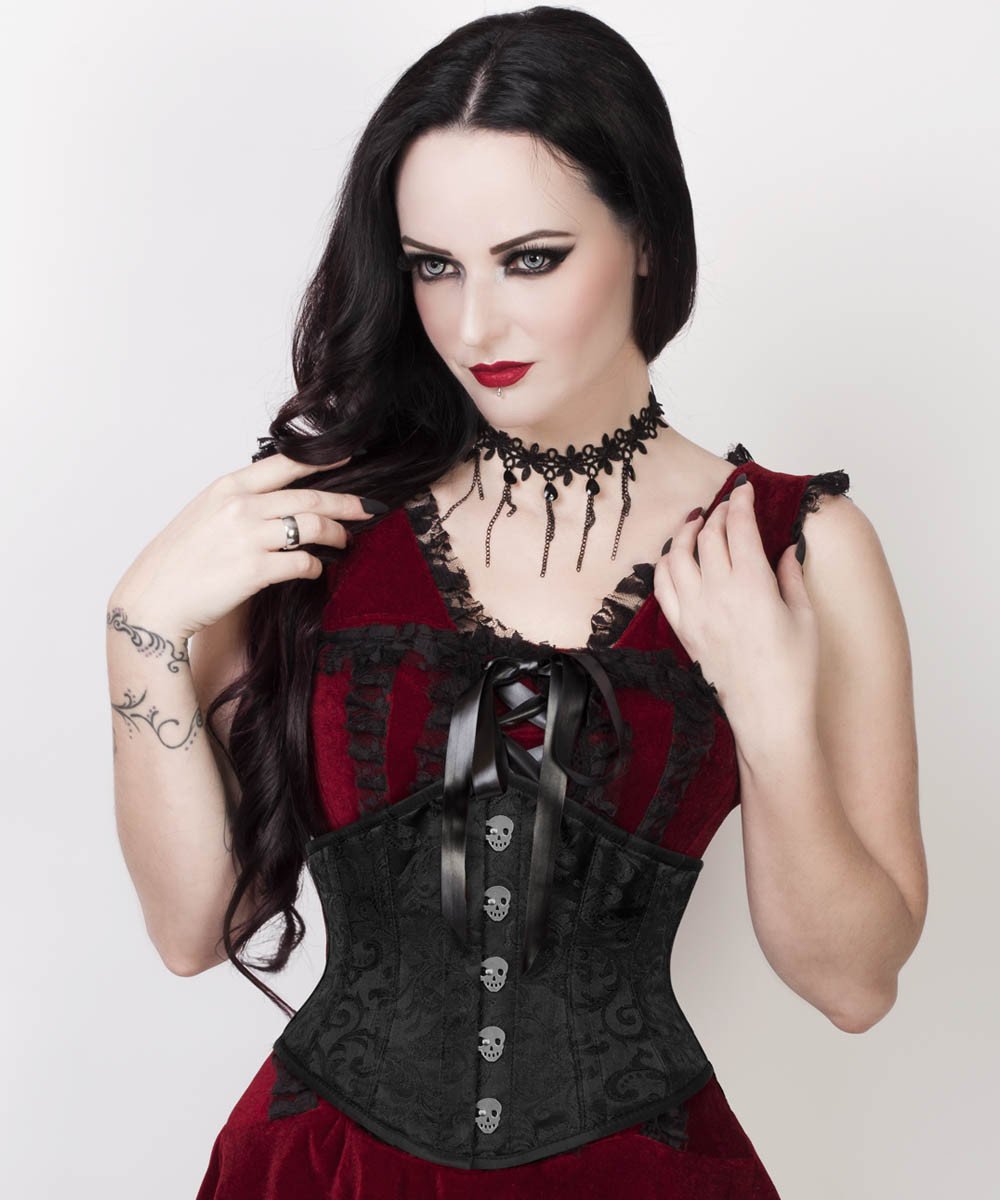 Cinta Underbust Black Brocade Corset with Skull Busk