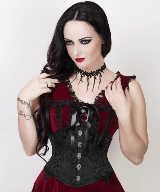 Cinta Underbust Black Brocade Corset with Skull Busk
