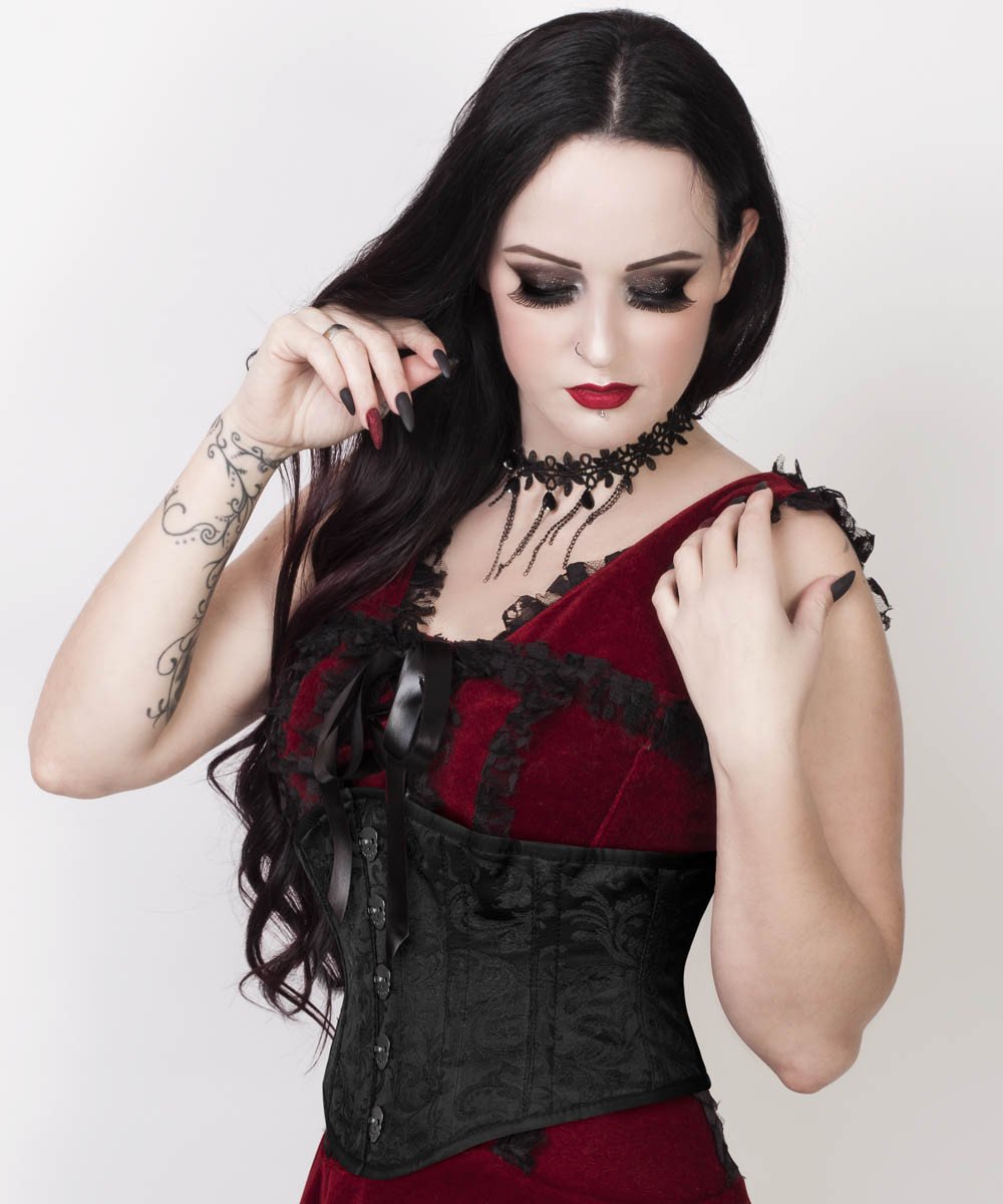 Cinta Underbust Black Brocade Corset with Skull Busk