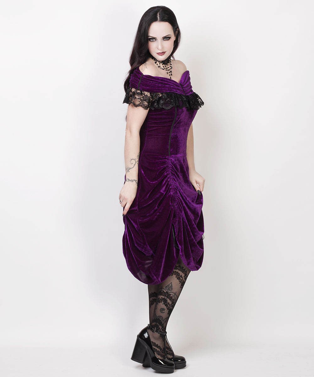 Roberto Burlesque Purple Velvet Off Shoulder Dress